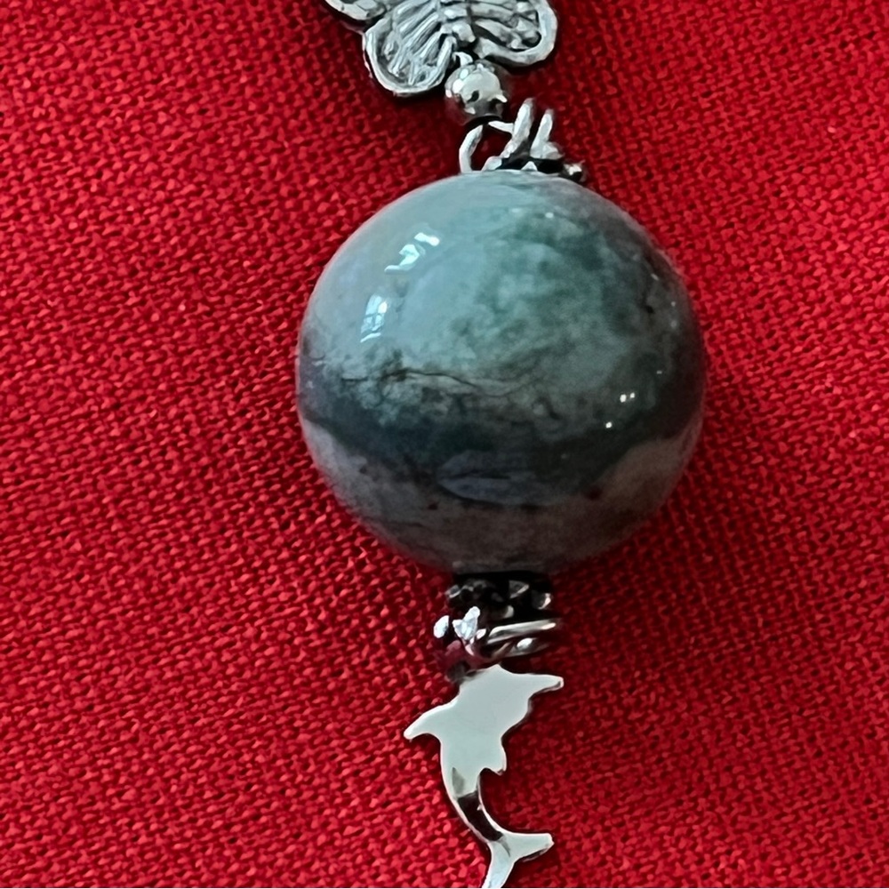 Moss Agate And Glass Beads Butterfly And Dolphin Necklace 19”